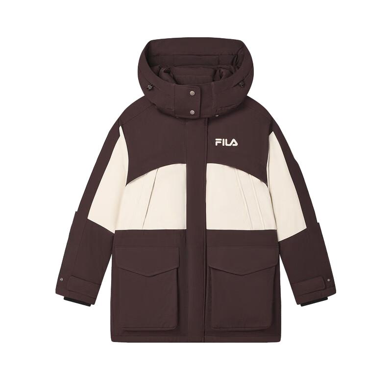 Fila Original Logo Color Block Casual Loose Hooded Parka Down Jacket Women Outerwear Tan-Brown F51W449903F-BN