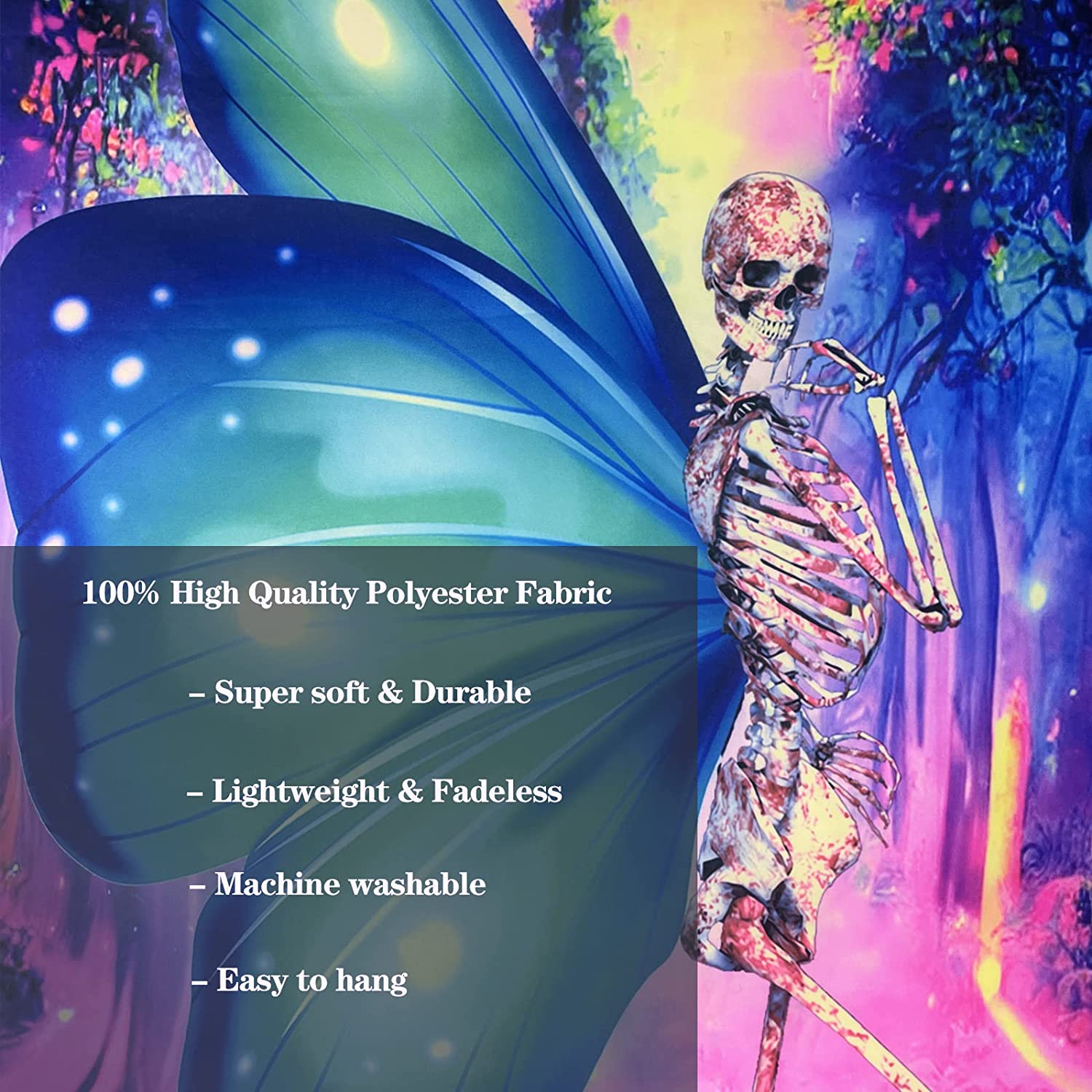 Blacklight Череп Гобелен Фэнтези Лес Черный Свет Гобелены Триповый Скелет УФ-гобелен — фото 5