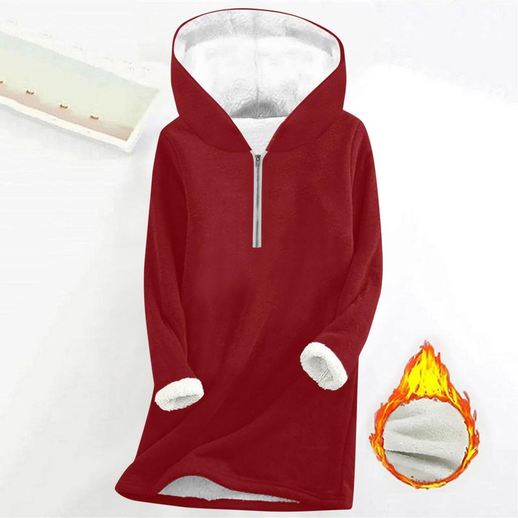 Fashionable women's fleece hooded solid color zipper long-sleeved top