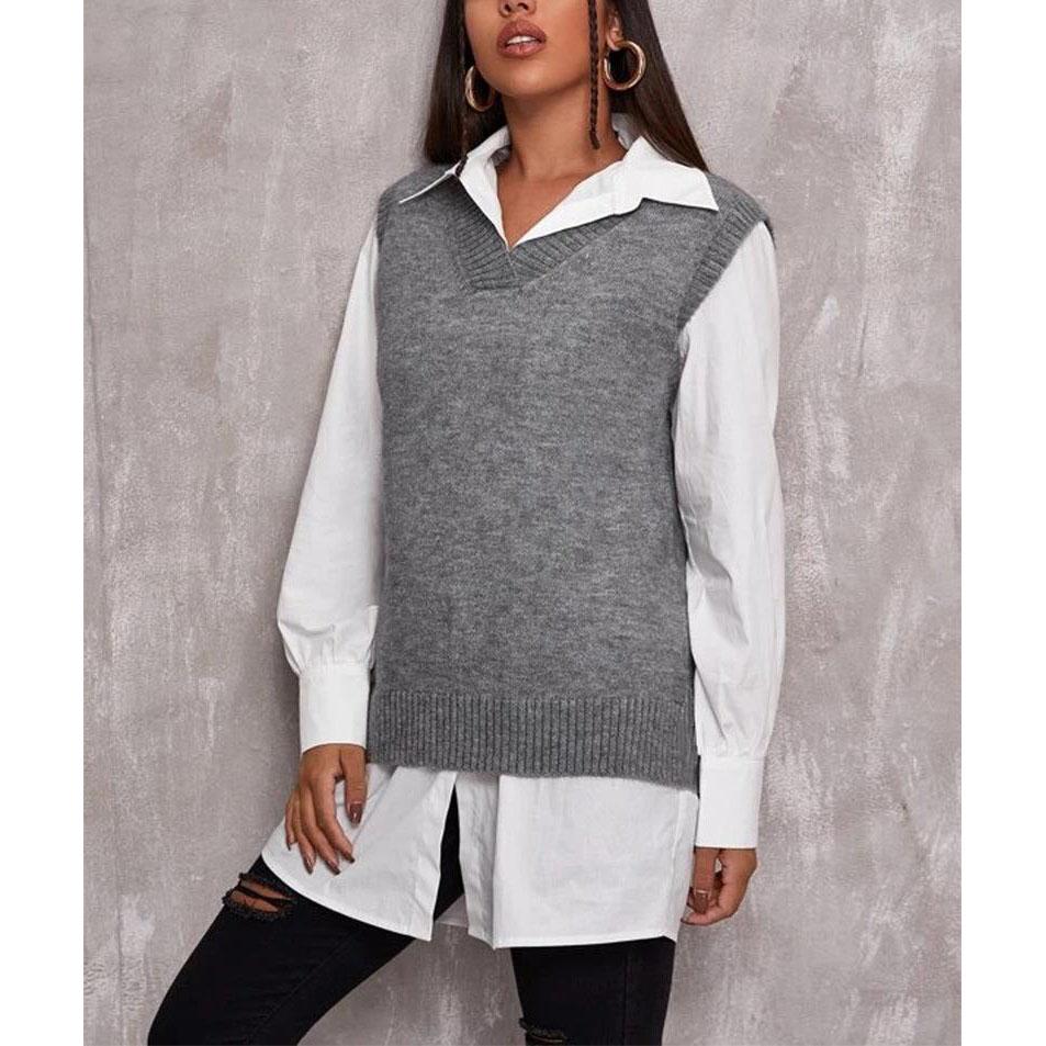 Women's Autumn and Winter Vest Women's Solid Color Top V-neck Slit Hem Sweater Vest Outside Clothes for Women