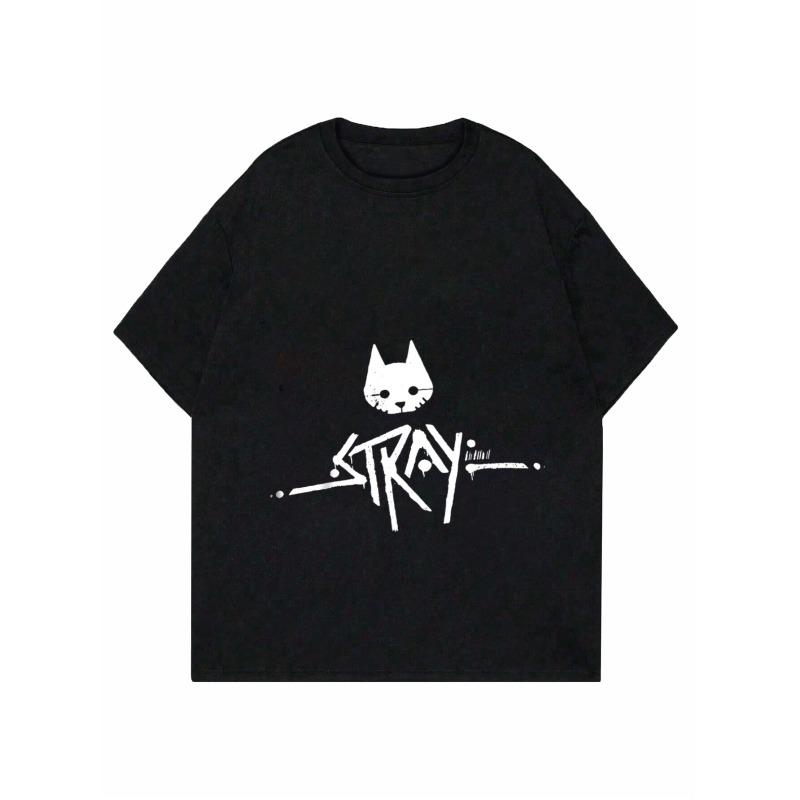 Black Oversized T-Shirt Stray Cat Graphic Print Casual Everyday Wear for Women