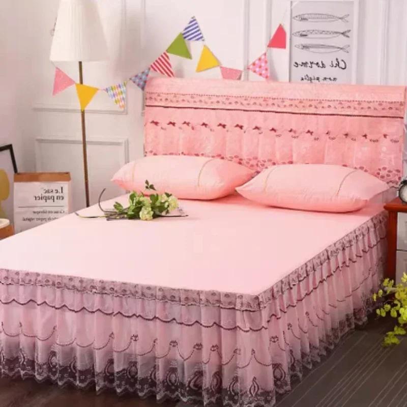 Prinzessinnenstil Bettrock Tagesdecke Einteilig Spitze Bettüberwurf Klein Frisch Rosa Anti-Rutsch und Staubdicht Bettlaken