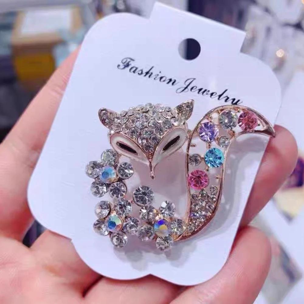 Women's Fox Brooch For Ladies Colorful Rhinestone Flower Animal Gold Pins Corsage Sweater Coat Party Wedding Accessories