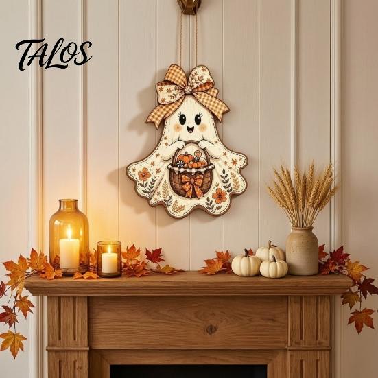 Outdoor Fall Entryway Sign Cute Bow Ghost Hanging Sign, Rustic Retro Floral Door with Pumpkin Harvest Wall Art Basket, Vintage Halloween Wooden