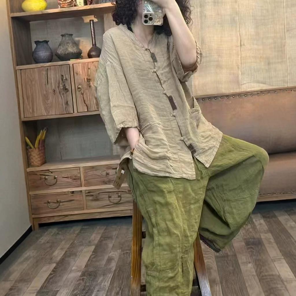 1116 Summer New Women's Crew Neck Japanese Linen Shirt Loose Shirt Top Cardigan Literary and Art Casual
