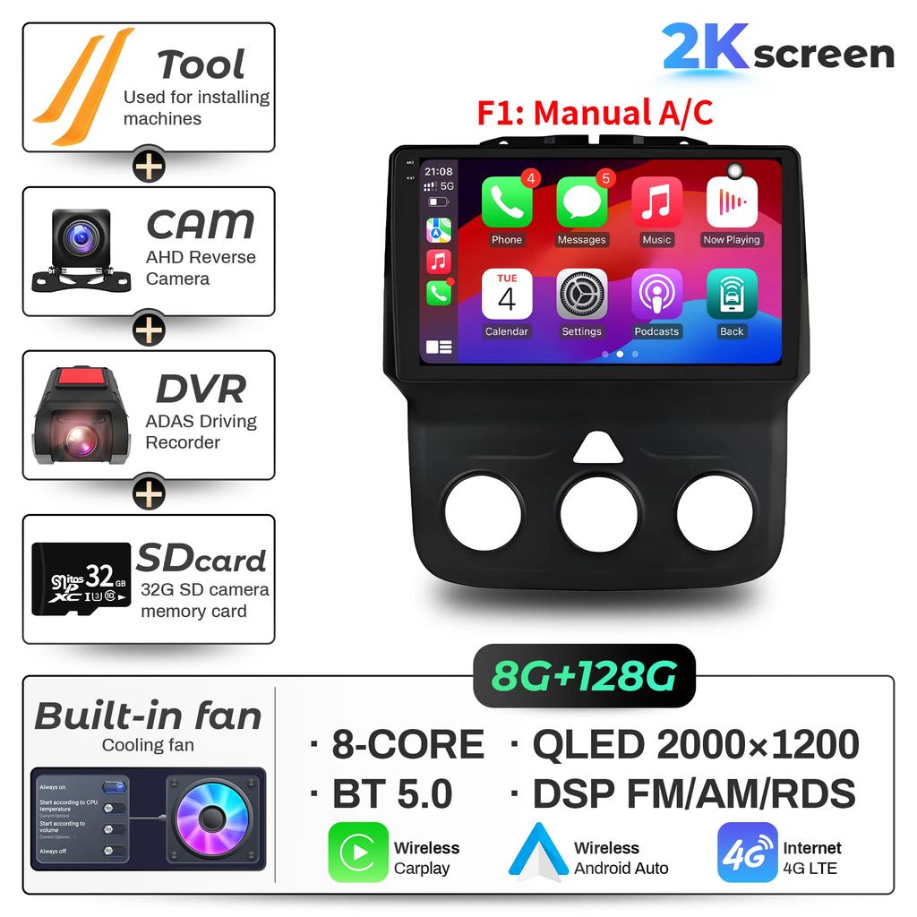 9"  Car Radio For Dodge RAM 1500 2500 2013-2019 Android 16 Wireless BT Carplay Multimedia Navigation Touch 2K QLED Screen