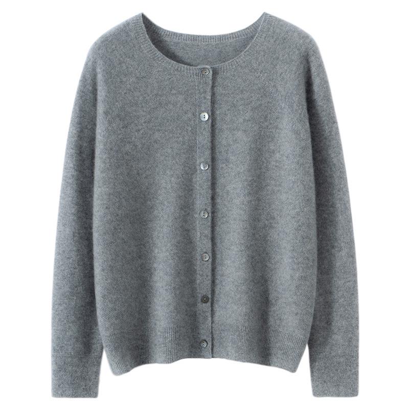 2026 Autumn/Winter Women's Pure Cashmere Round Neck Loose Knit Cardigan Sweater, Solid Color, Long Sleeve.