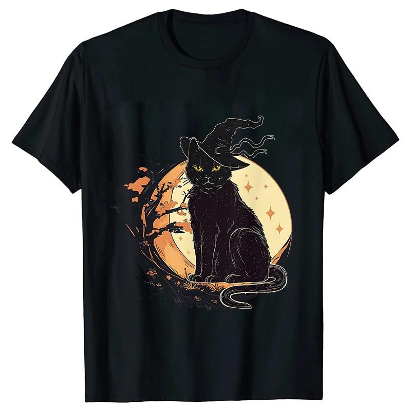 Unisexs Spooky Cat Print Tee Shirts Casual Female Halloween Black Cat T Shirt New Fashion Design Streetwear Unisex Tshirt Top