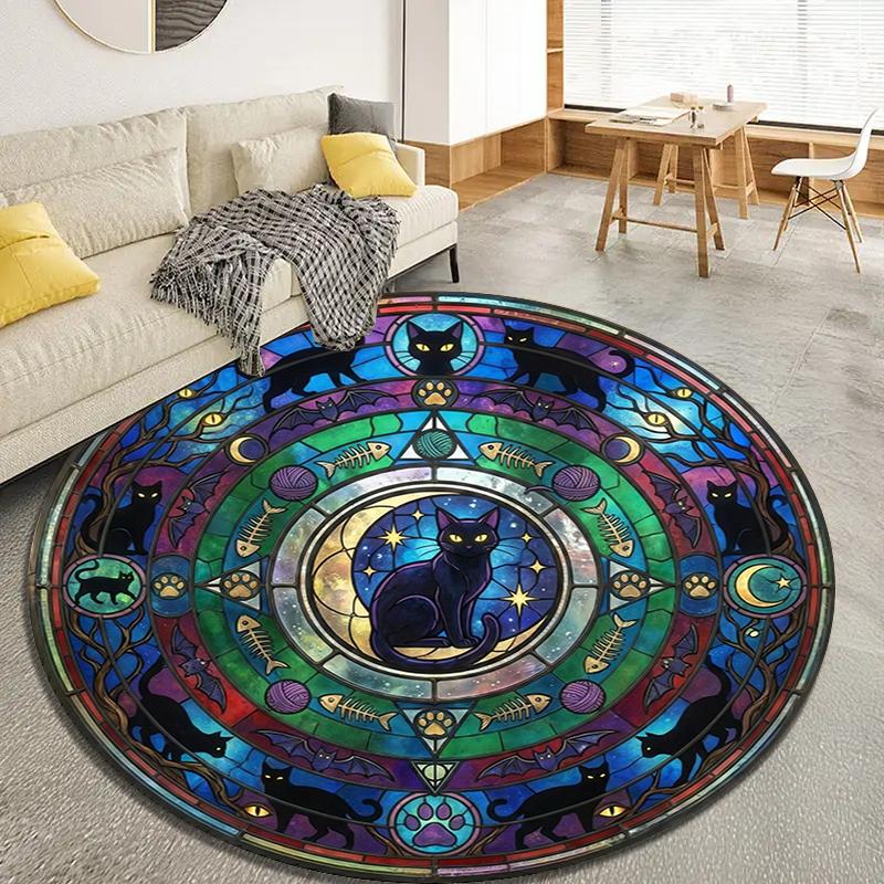 Stained Window Black Cat Round Area Rug,Carpet Rug for Living Room Bedroom Sofa Playroom Decor,Non-slip Floor Mat Q0043