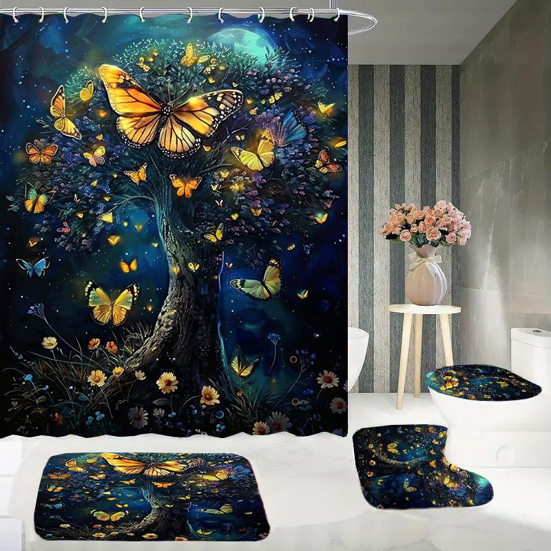 Butterfly Trees, Flowers And Plants, Digital Printing, Shower Curtain, Bathroom Four-Piece Set With Hooks