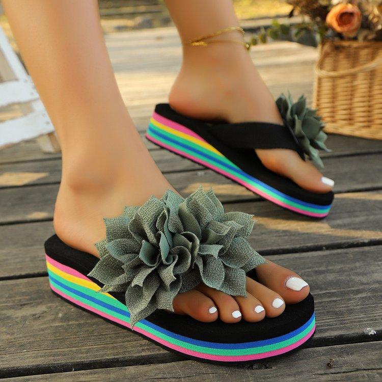 Flip-flops women's summer rainbow flower thick-soled sandals with colorful soles, women's shoes casual beach slippers