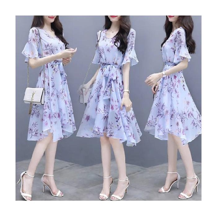 2025 Summer Women's Slim Waist Midi Floral Dress