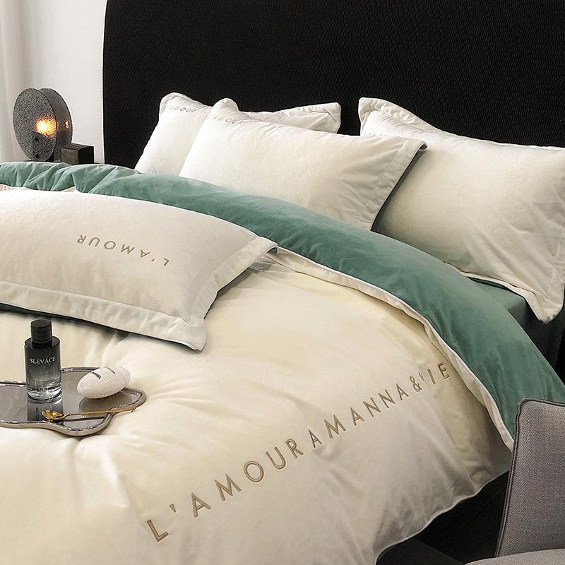 Class A baby velvet four-piece set baby velvet solid color embroidered milk velvet bed three-piece set flannel sheet quilt cover duvet cover