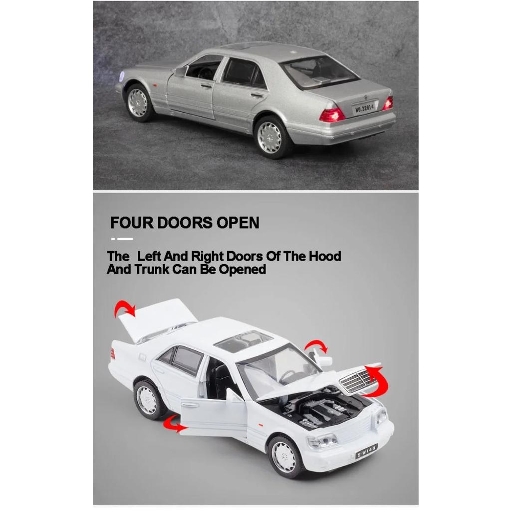1/32 Benz S-W140 Model Jucărie Mașină Turnată sub Presiune din Aliaj Caroserie Metalică Șasiu din Plastic Anvelope de Cauciuc cu 4 Uși care se Deschid Funcție de Tragere înapoi Copii A88