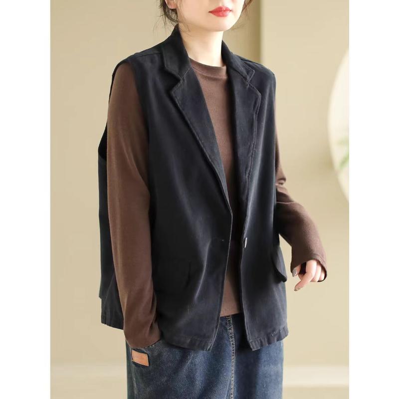 Suit Collar Vest Jacket 2025 Autumn New Splice Button Pocket Loose Casual Sleeveless Top