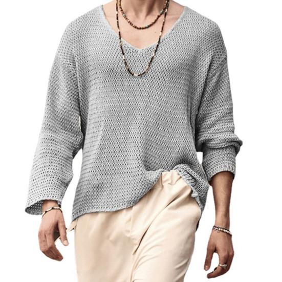 Spring Autumn Men Pullover Sweater V-Neck Long Sleeve Solid Color Knitted Tops Hollow