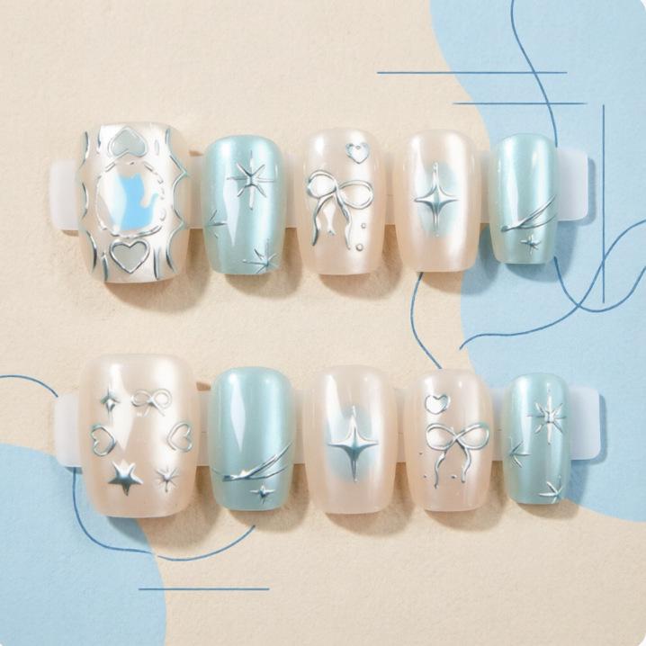 Aurora Blue Dream Kitten Ice Cat Eye Handmade Wearable Nail Art Pieces