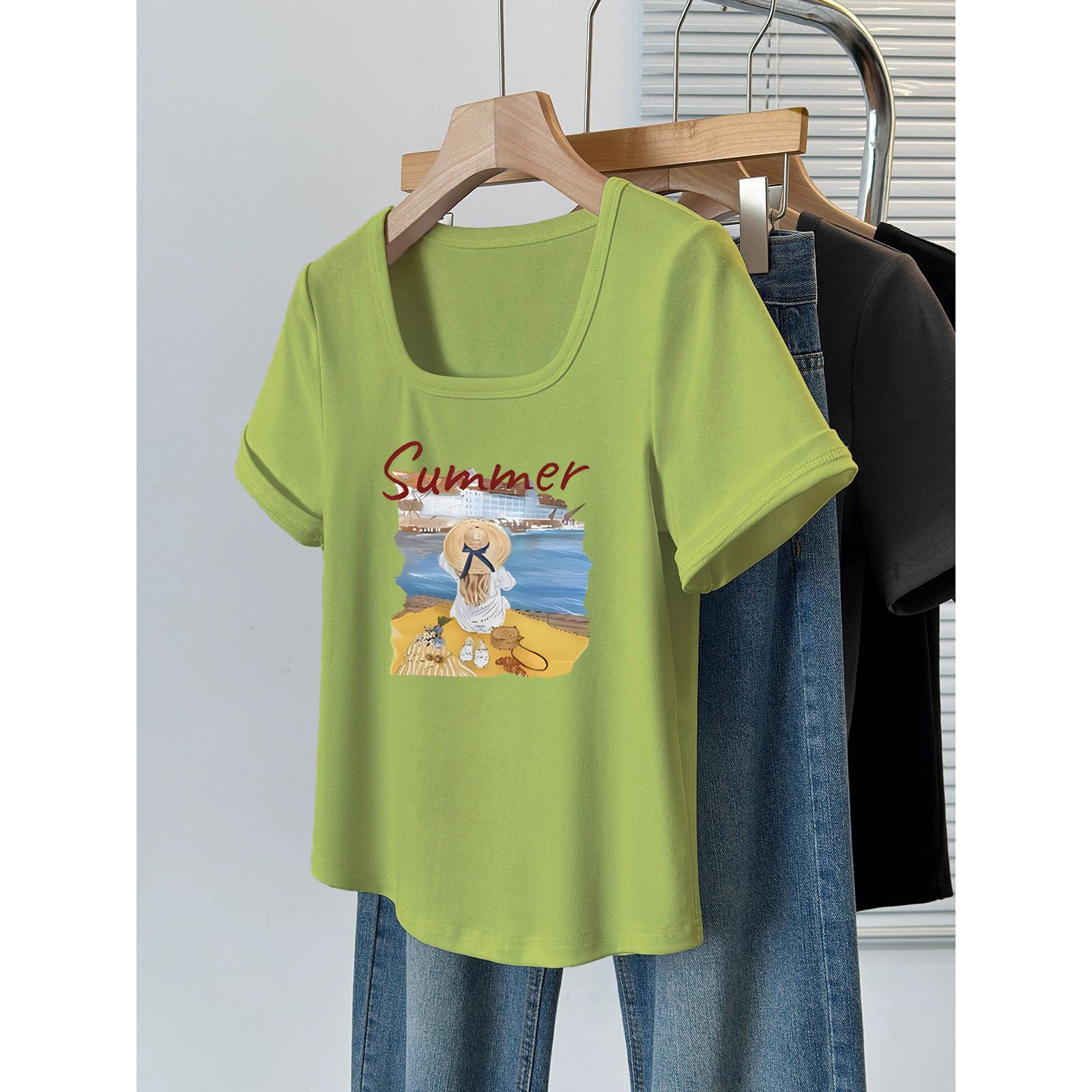 

Chic and cute printed front shoulder short-sleeved t-shirt loose and lazy oversize top large size women s clothing summer new M [80-60kg]