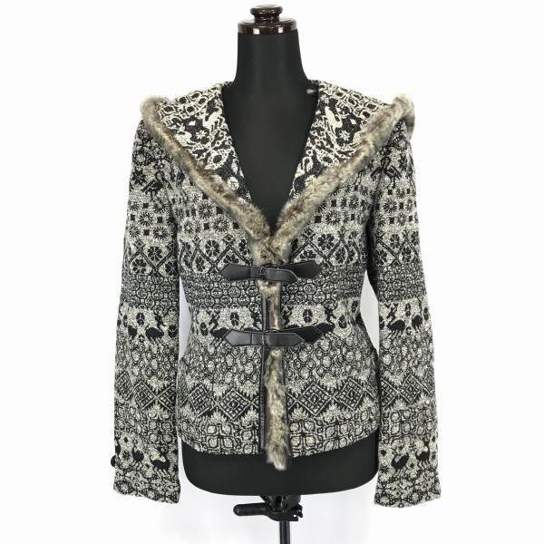 USED/Made In Japan Miss Ashida Rabbit Fur Hooded Jacket/Women’s Size M/9/Black×Gray Geometric Pattern/