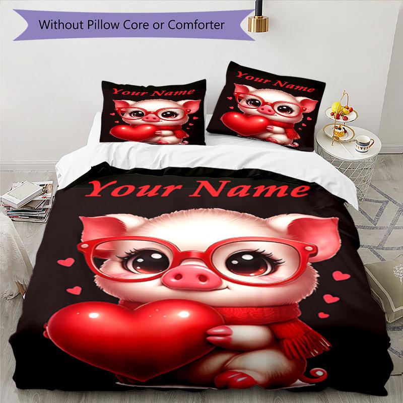 3PC Custom Name Pig Heart Glasses Bedding Set Duvet Cover Closure Includes 1 Duvet Cover & 2 Pillowcases for Bedroom