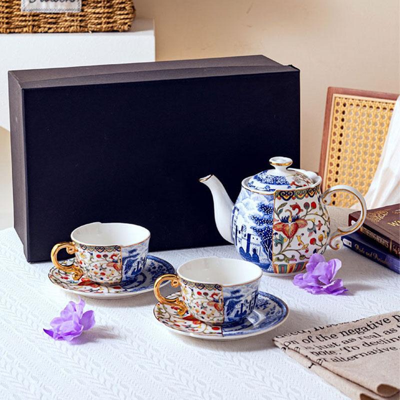 Blue and White Porcelain Cup&saucer Color Blocked Mugs Gilding Coffee Mug Dining Table Afternoon Tea Teacup Fruits Juice Cup
