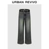 UR 2026 Spring Trendy Washed Cat-Whisker Belted Wide-Leg Denim Jeans