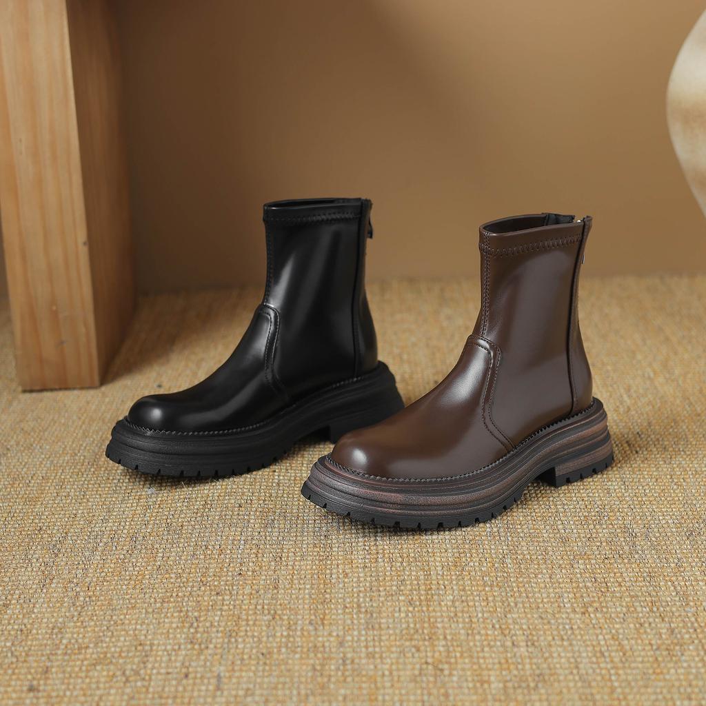 Krazing Pot Microfiber Autumn Winter Shoes Thick High Heels Zipper Platform Size 43 Motorcycle Boots Brown Color Ankle Boots