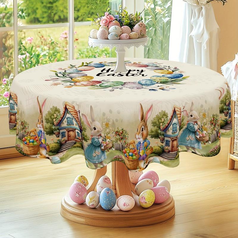 Vintage Easter Bunny Tablecloth Rabbit Eggs Table Cover Easter Decorations for Home Kitchen Spring Holiday Garden Tablecloth