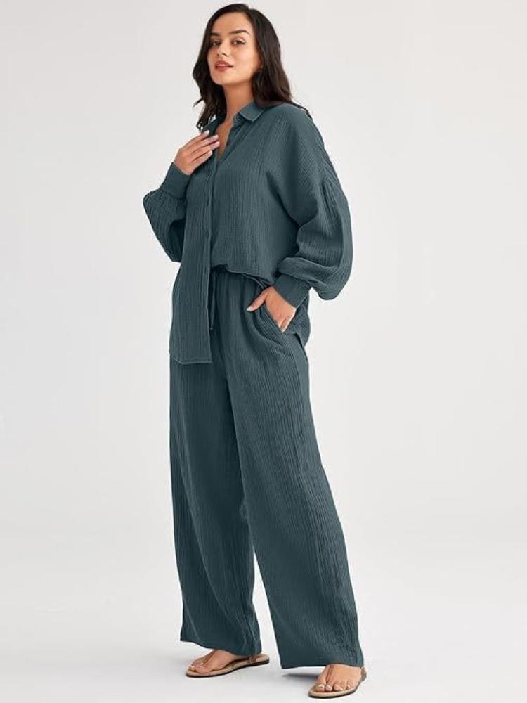 Women's Casual Loose Long Sleeve Shirt and Wide Leg Pants Set in Beige