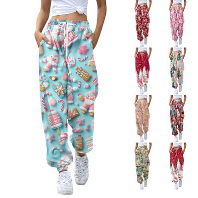 Damen Casual Mode Weihnachtsdruck Jogginghose mit Kordelzugbund und Bündchen an den Beinen