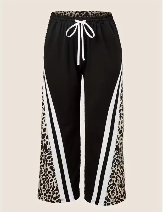 Women's High Waist Leopard Print Color Block Wide Leg Pants Casual Street Loose Trousers