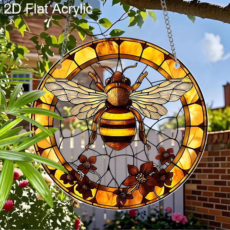 Acrylic Honey Bee with Flowers Suncatcher, Stained Glass Effect Window Hanging Ornament for Nature & Bee Lover Gifts