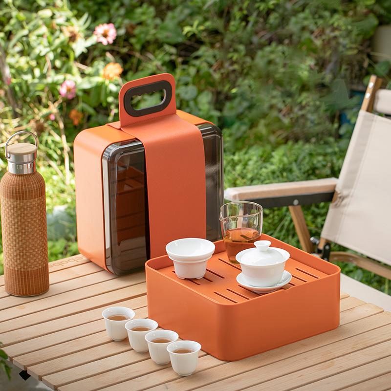 Outdoor camping portable travel kung fu tea set dry tea tray storage box white porcelain cover bowl tea cup