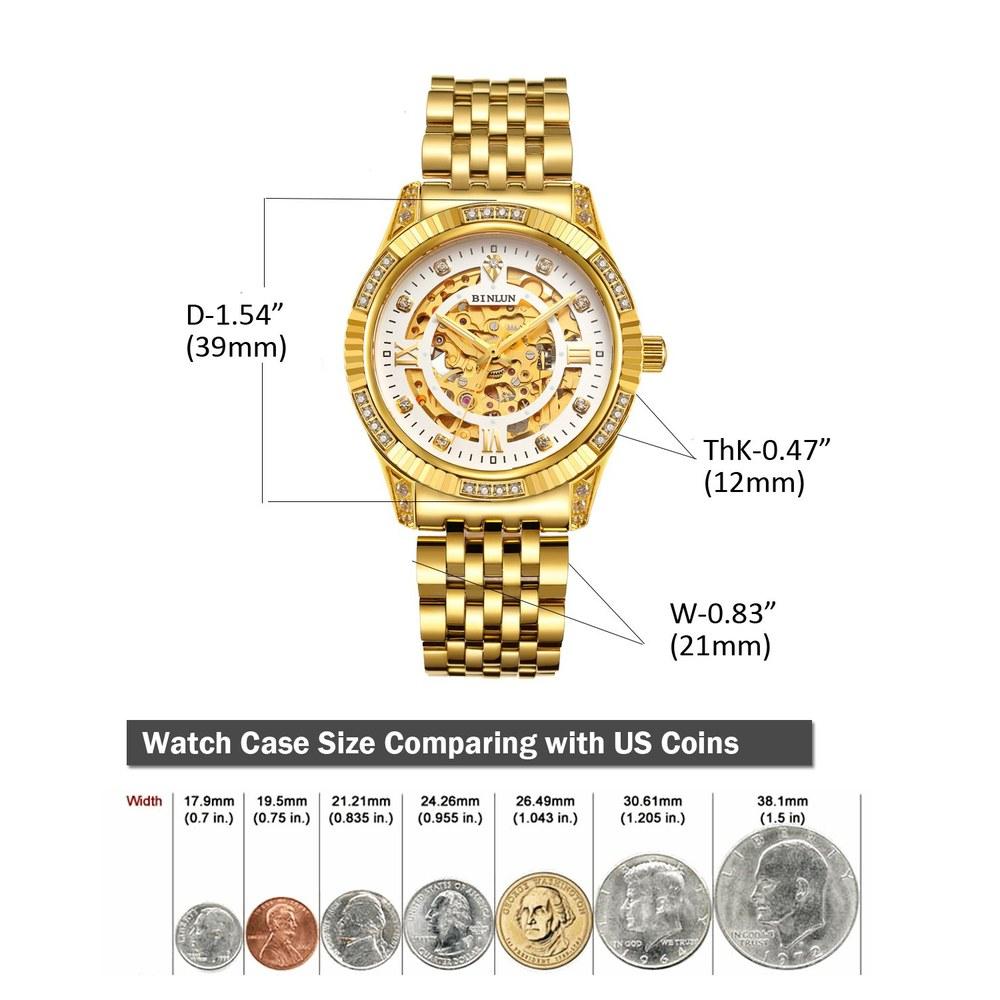 BINLUN Men's Automatic Skeleton Watch Full Skeleton Double-Sided Gold Finish