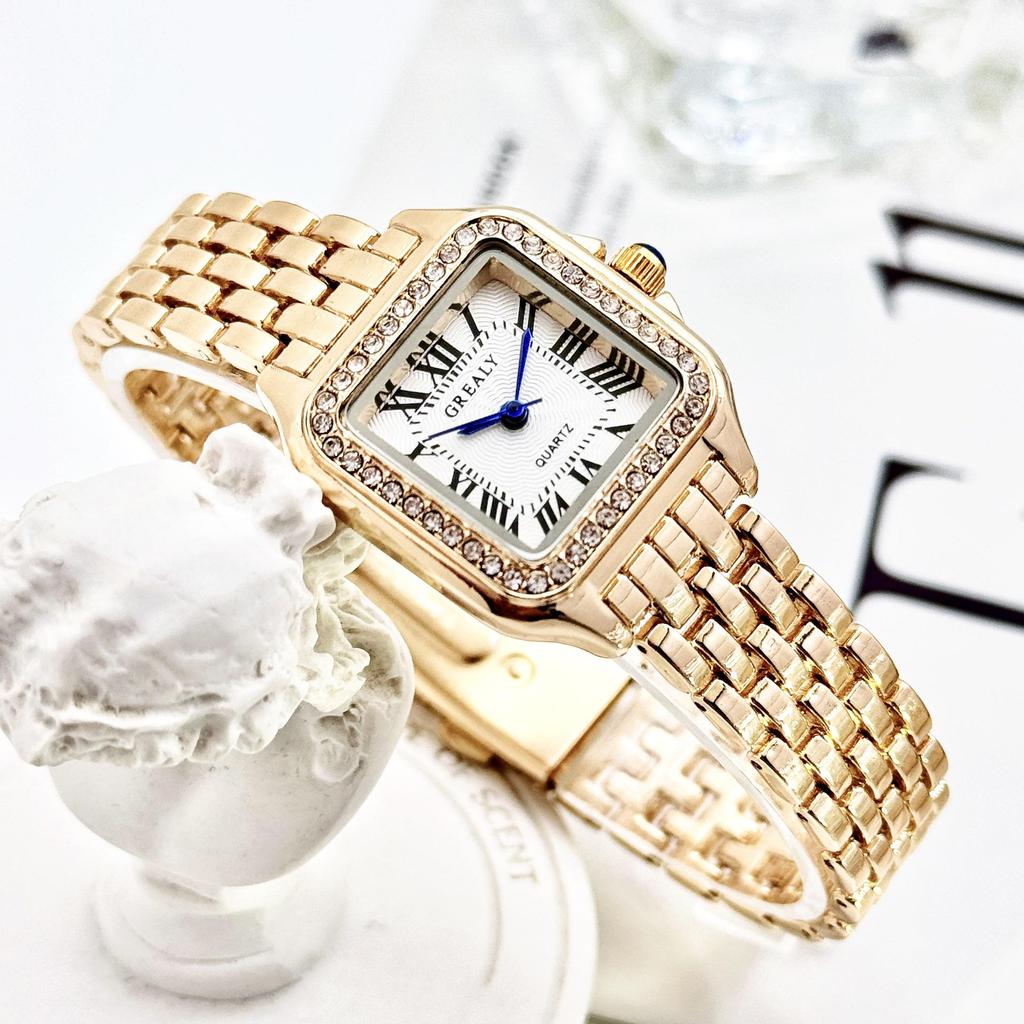 GREALY Women's Classic Retro Square Waterproof Diamond Quartz Watch