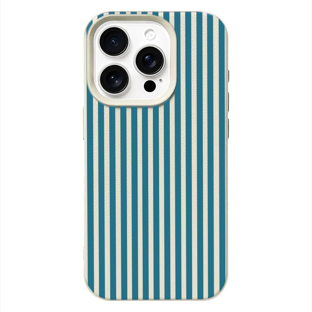 Blue Stripe Minimalist Lychee Texture Case for iPhone 17 17E 16 15 14 13 12 11 Pro Max Vintage Shockproof Protector