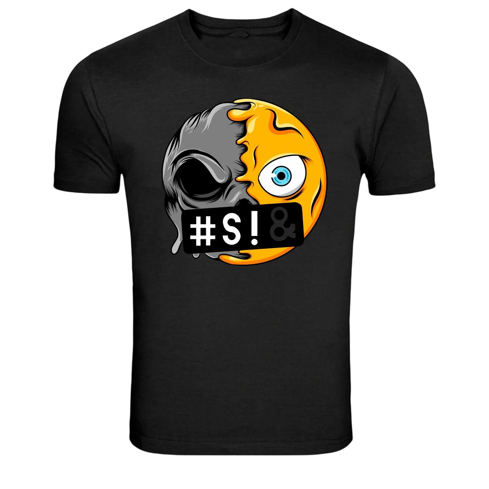 Half Skull Half Melting Emoji With Censored Mouth Cartoon Graphic T-Shirt XXL