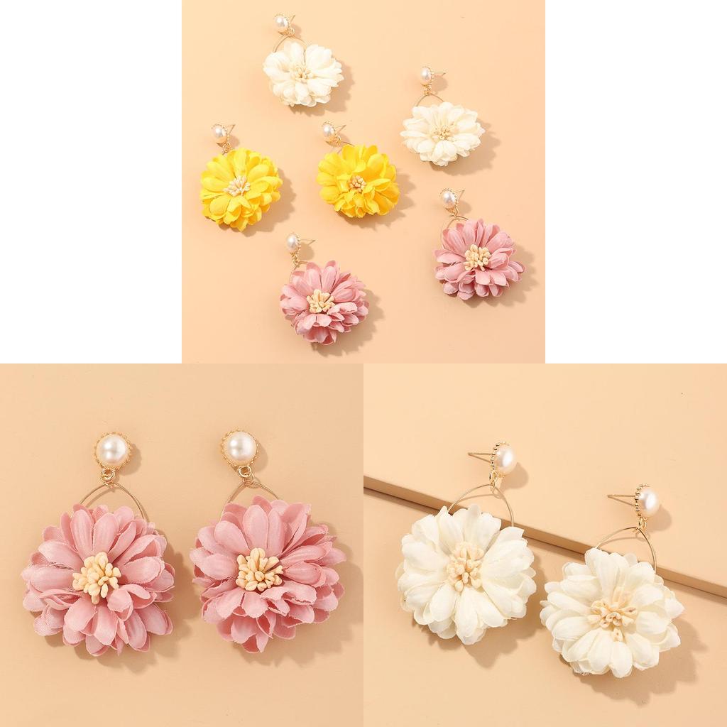 Fashion Fabric Flower Earrings With Pearl Dangles For Casual Daily Wear