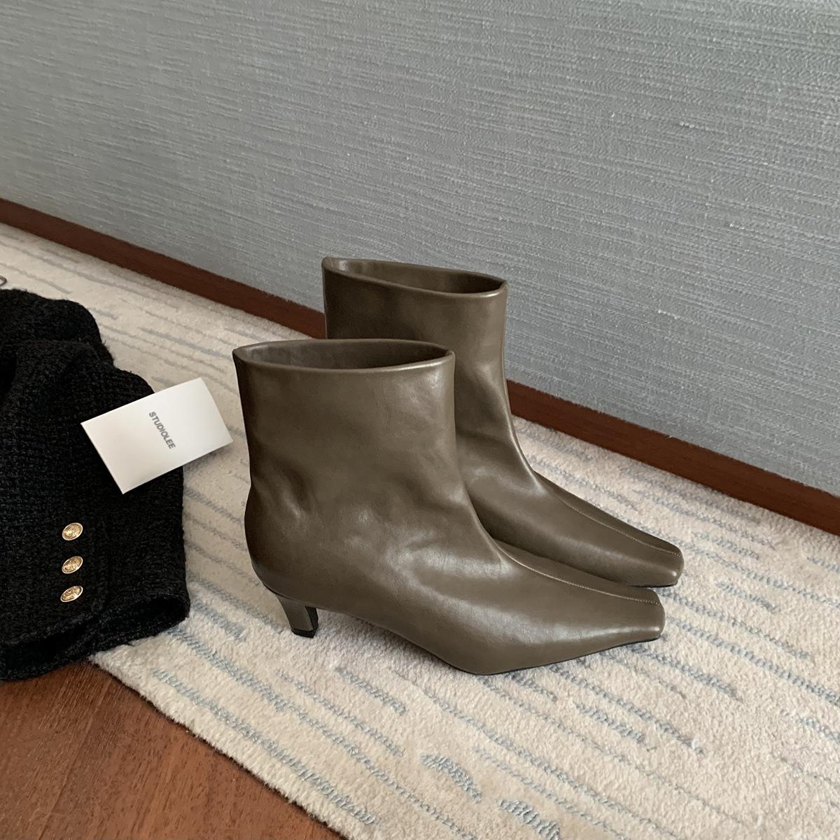 

Sheepskin version retro square head high-heeled boots short boots femininity but knee versatile thin boots rear zipper Martin boots 40