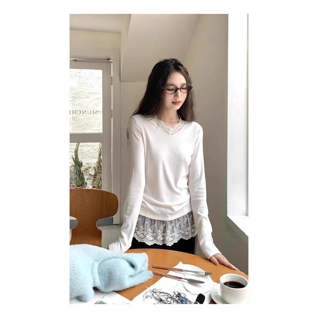 Korean Style Lace Patchwork V-neck Long-sleeve Casual Women's Top 2026