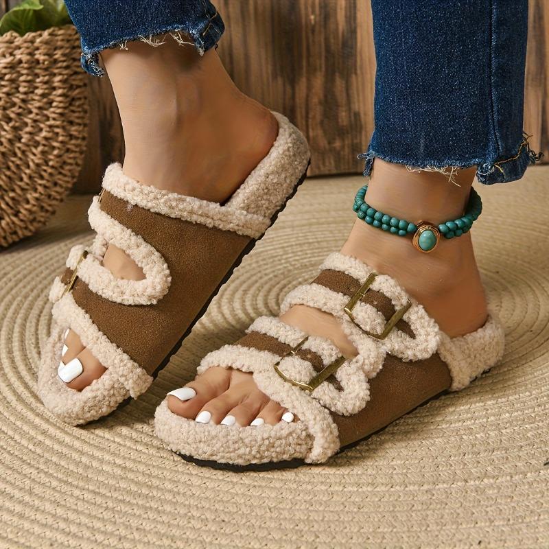 Women'S Cozy Fleece Slide Sandals - Brown & Beige Braided Design, Open-Toe Flat Slippers for Indoor/Outdoor Use, Casual Comfort