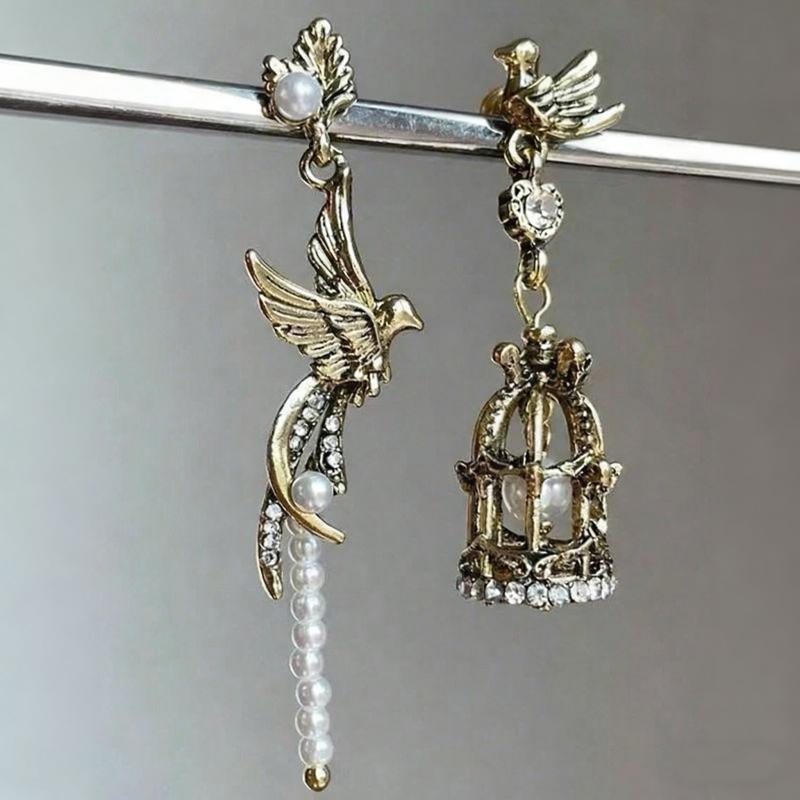 1 пара винтажных асимметричных серег в виде птичьих клеток с искусственным жемчугом, подходящих для любого случая