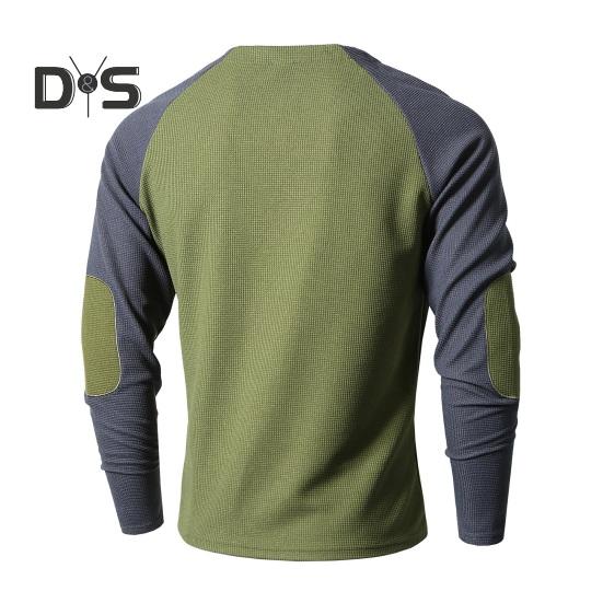 Frühlings- und Herbstoberteil für Herren, normale Passform, Farbblock-Langarm-T-Shirt, geknöpfter Rundhalsausschnitt, Patch-Dekor, lässiges Sport-Party-T-Shirt