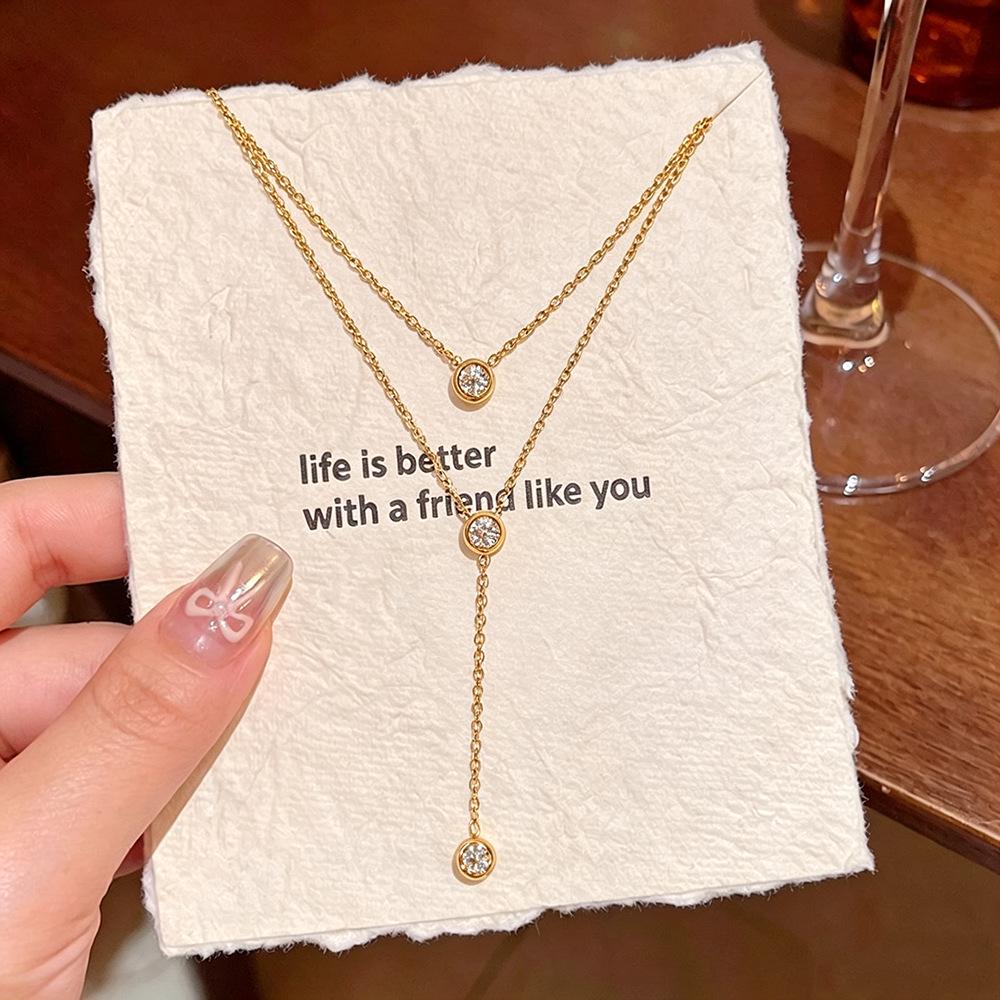 Elegant Minimalist Double-Layer Diamond Tassel Necklace – High-End Titanium Steel Clavicle Chain for Women