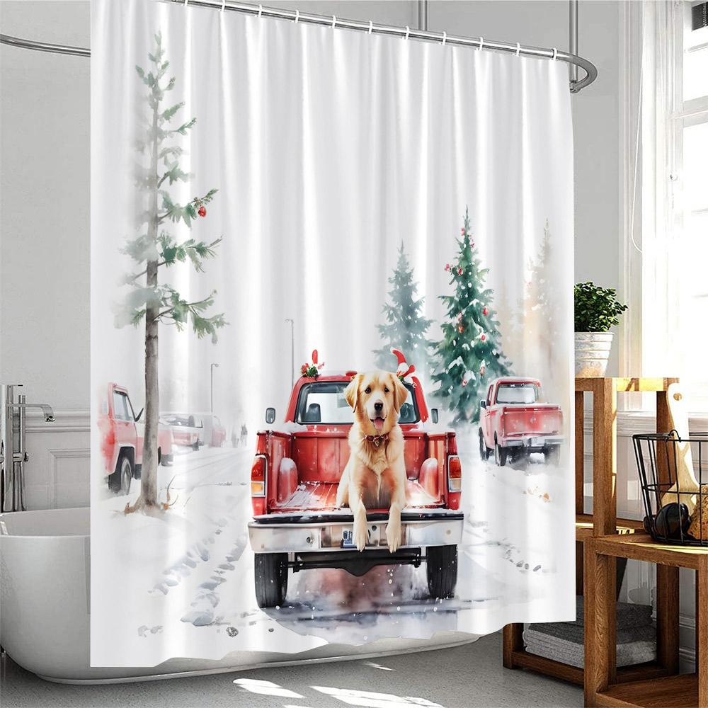 

Рождественская шторка для душа Собаки в рождественской шляпе Зимний праздник Красный грузовик Сосна Снежный пейзаж Декор для ванны Полиэстеровая шторка для ванны 90x180cm-35x70in
