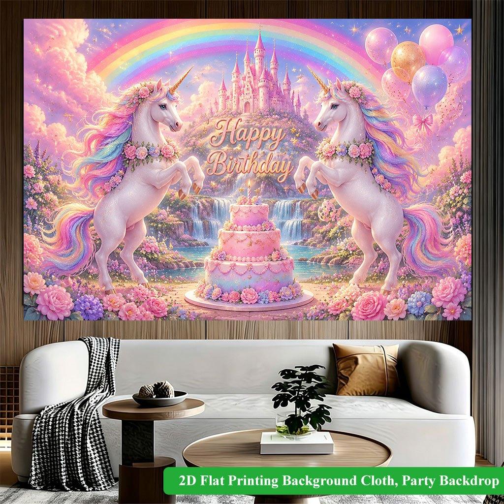 2D Flat Backdrop1pc Rainbow Unicorn Birthday Backdrop Banner Polyester Wall Decor For Living Room Bedroom Office Outdoor Decor Holiday Gift