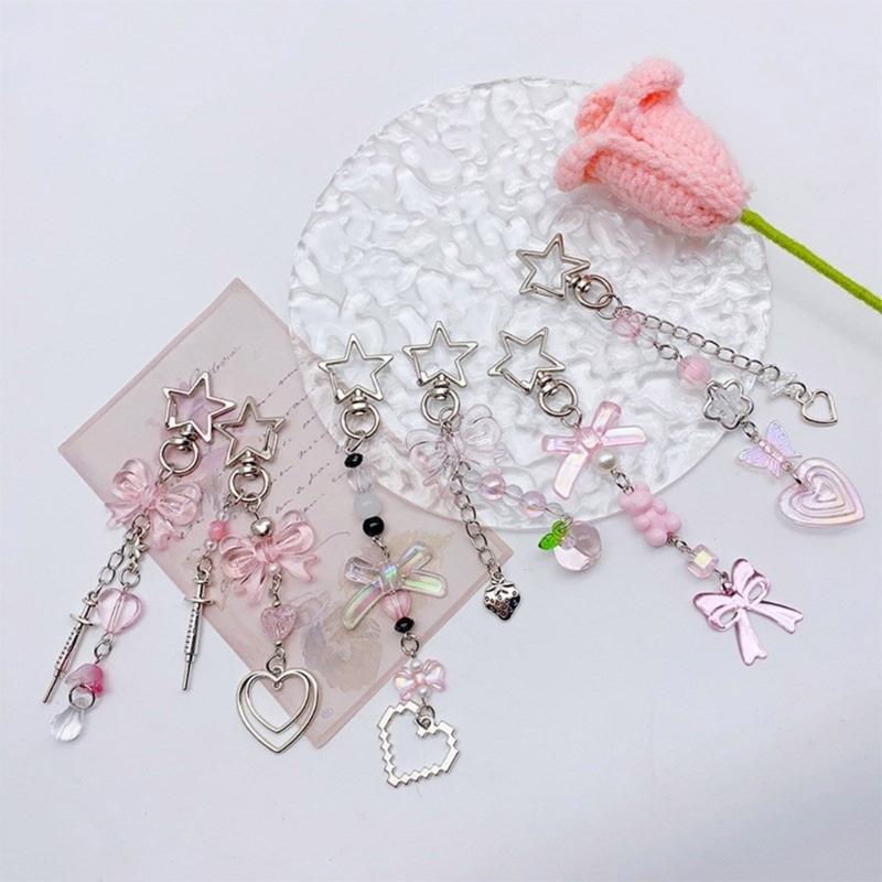 Star Heart Bowknot Pendant Phone Charm Hangings Rope Sweet Phone Chain Strap Bag Decoration Lanyard Keychain Accessory