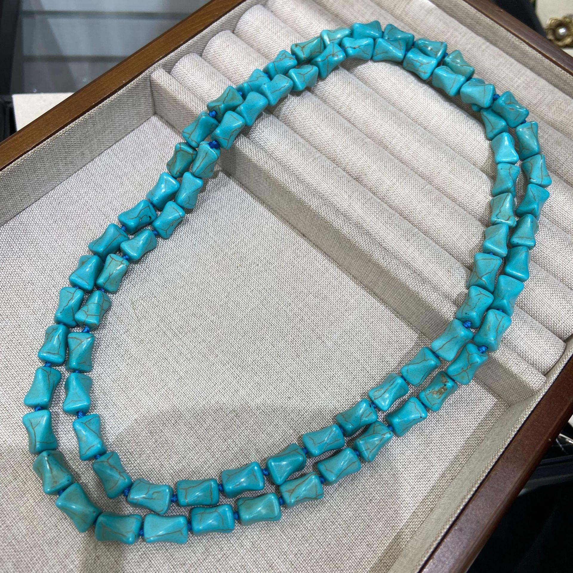 Vintage Turquoise Necklace, Ethnic Style Blue Square Sweater Chain, Fashionable Women S Personality Versatile Blue Beaded Chain