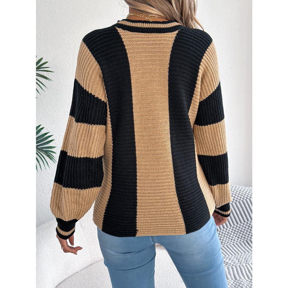 Fashionable Women's Hoodie: Casual Contrast-Striped Lantern-Sleeve Pullover Knitwear