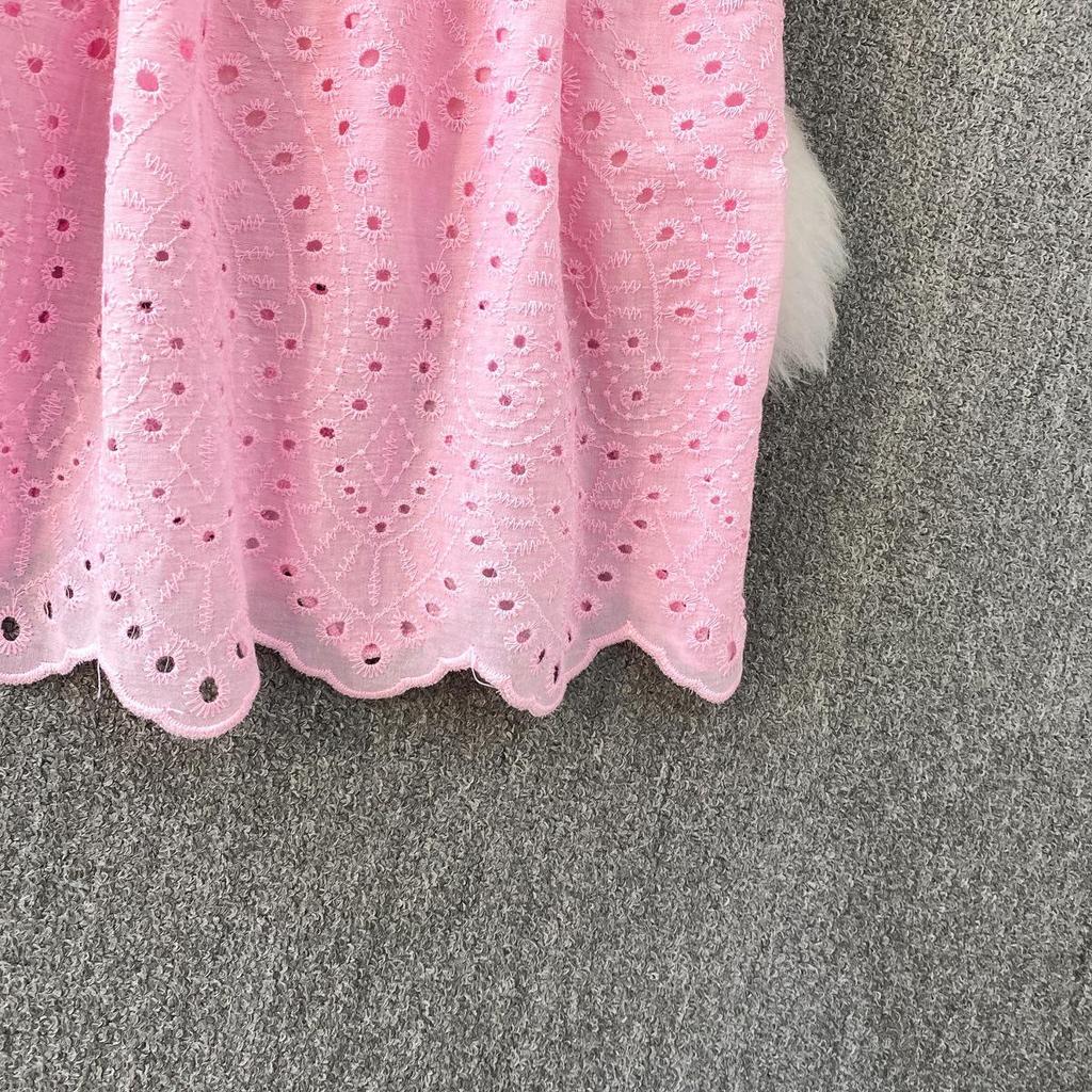 French Pink V-Neck Embroidered Ruffle Dress: Women's Autumn/Winter Waist-Cinching Long Dress